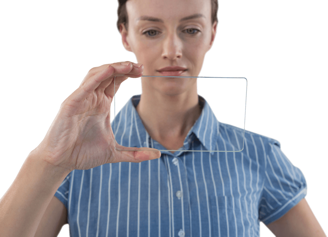 Woman Using Transparent Glass Digital Interface with Focus