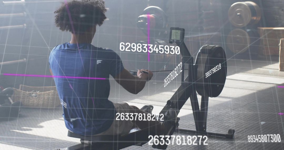 Athletic Man Training on Rowing Machine with Digital Overlay