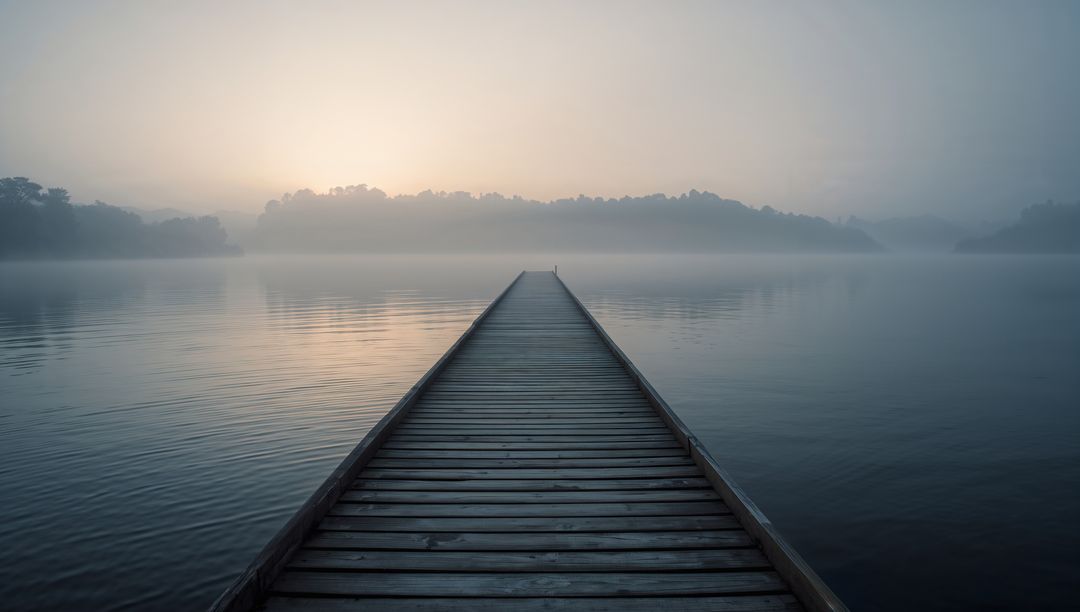 Misty Lake Dock at Dawn Evoking Tranquil Serenity