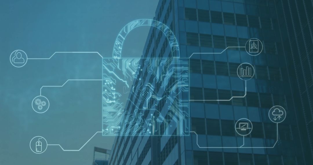 Digital Security Lock Overlaying Modern Urban Cityscape