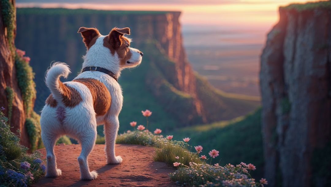 Adventurous dog exploring scenic canyon in vibrant sunset