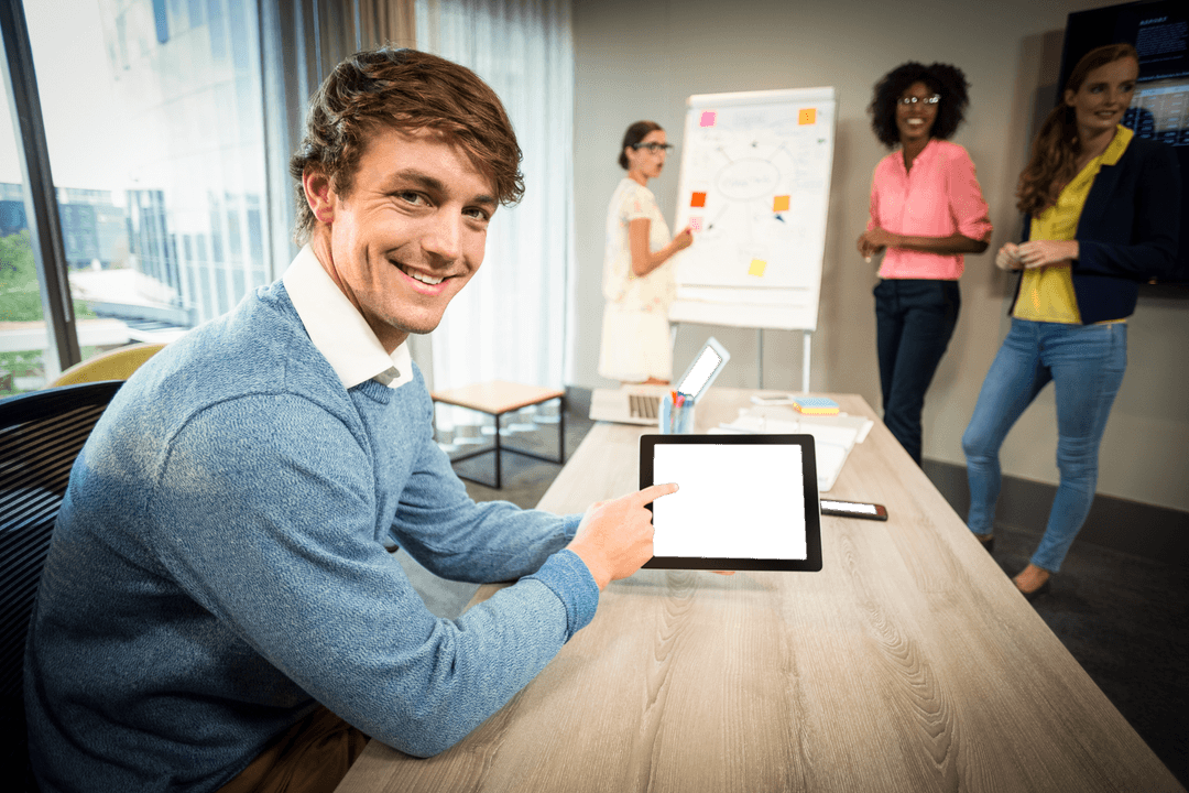 Smiling Professional Displaying Tablet in Transparent Office Environment