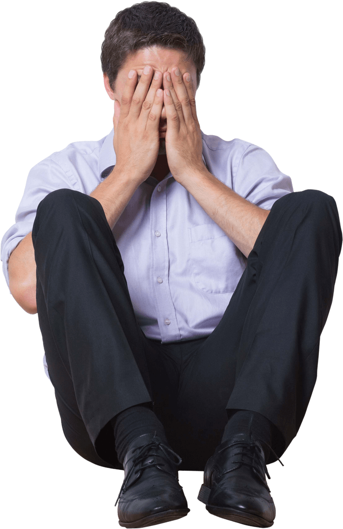 Transparent Man Sitting Covering Face in Stress