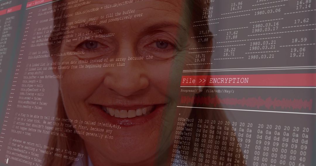 Smiling Senior Woman with Digital Code and Encryption Elements