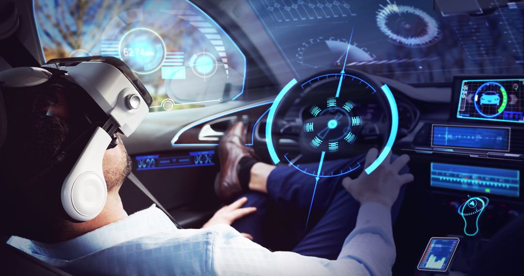 Businessman Using VR Headset in Futuristic Self-Driving Car