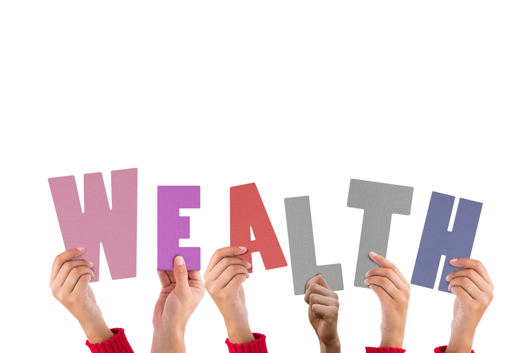 Hands Raising Letters in Wealth Text on Transparent Background