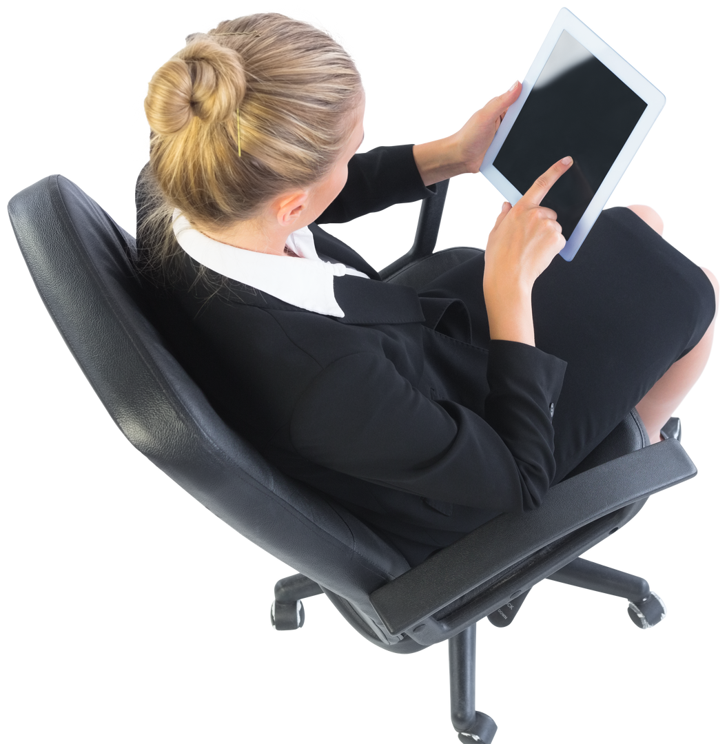 Transparent blonde businesswoman seated in chair using tablet - Download Free Stock Images Pikwizard.com