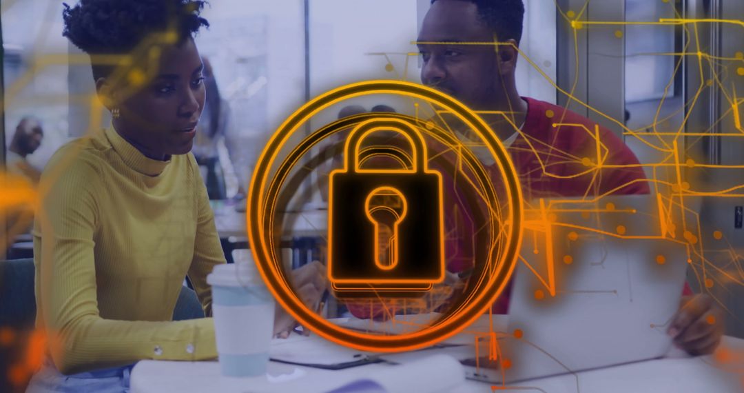 Cybersecurity Collaboration with Padlock Overlay in Modern Office