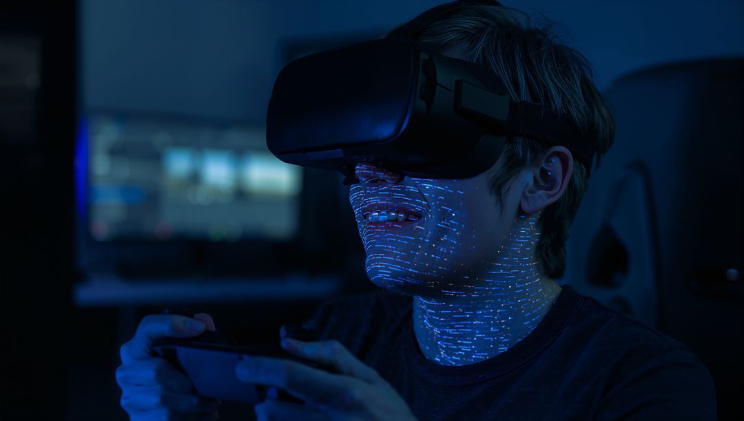 Young Gamer Wearing VR Headset and Controller While Blue Facial Scan Mapping Future Tech