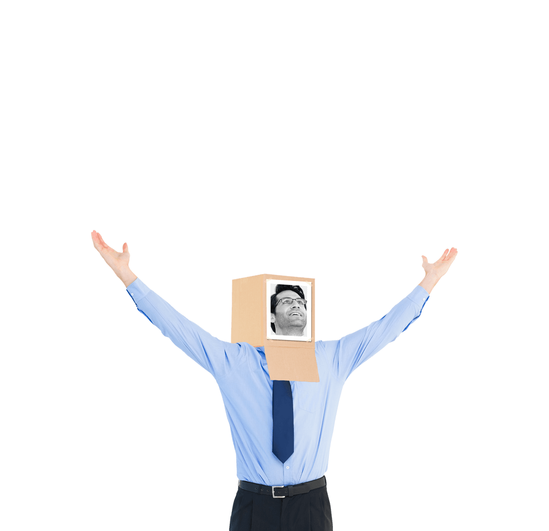 Man Wearing Cardboard Box with Transparent Face Cutout Celebrating