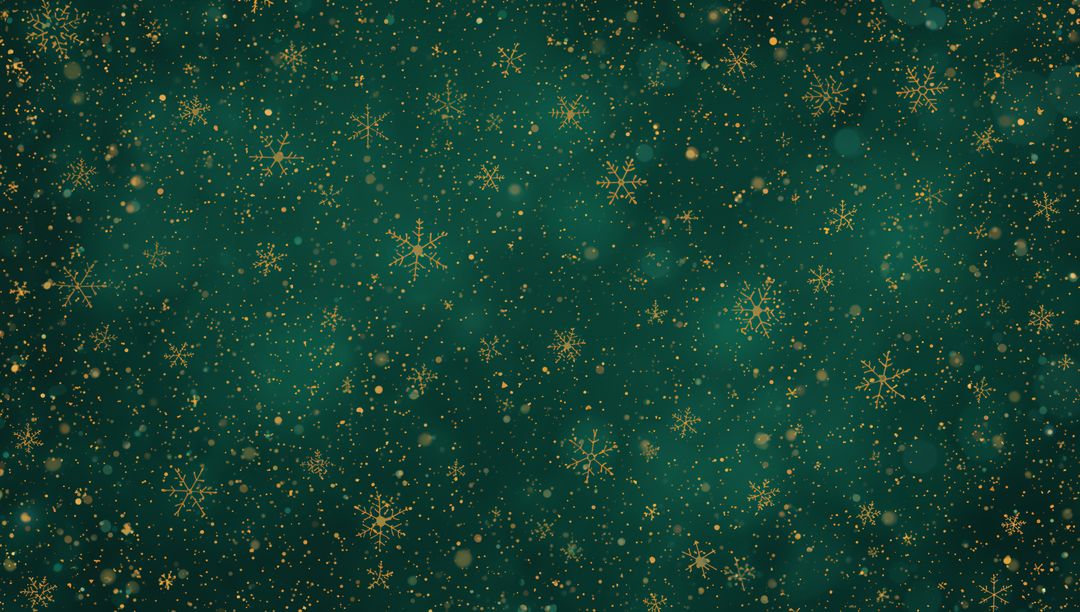 Shimmering emerald background featuring gold snowflakes and glitter bokeh holiday backdrop