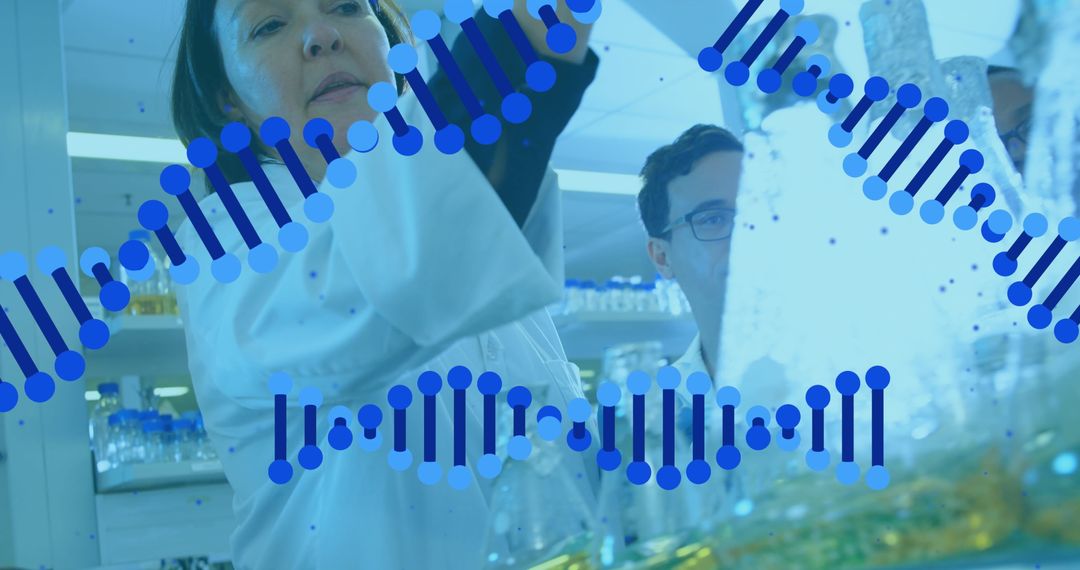Scientists Working in Lab with DNA Structure Overlay