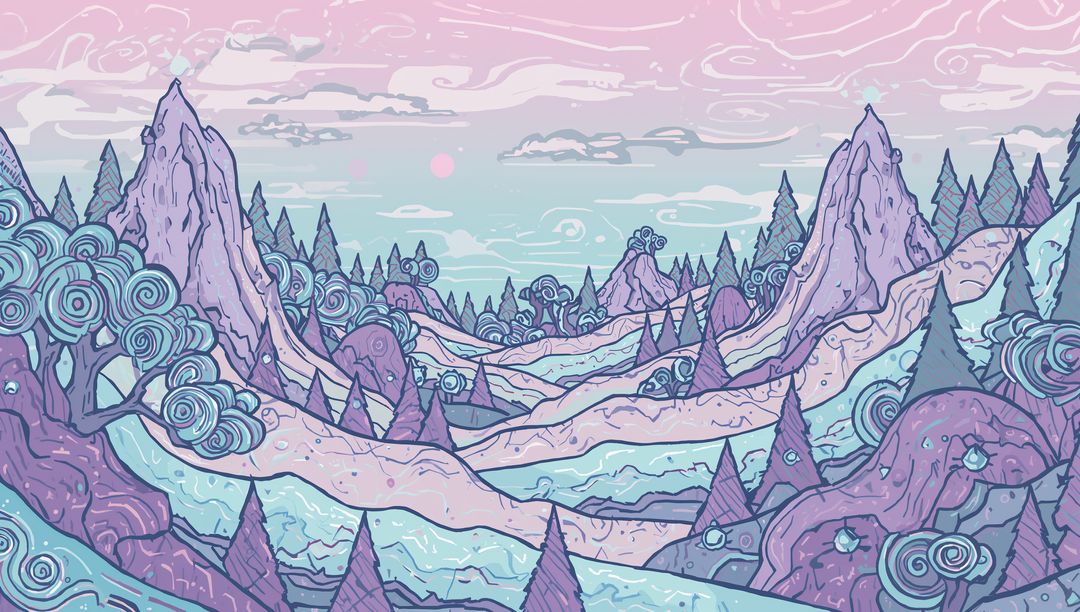 Whimsical Pastel Mountain Valley at Dusk with Spiral Trees