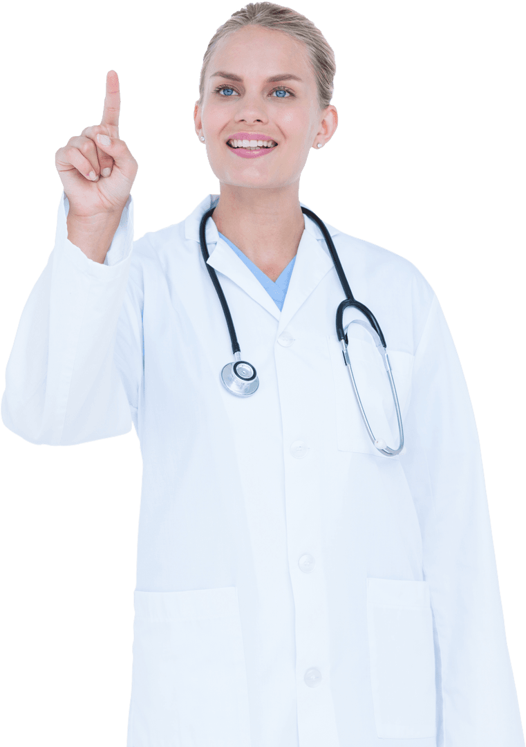 Smiling Female Doctor in White Coat Touching Transparent Surface