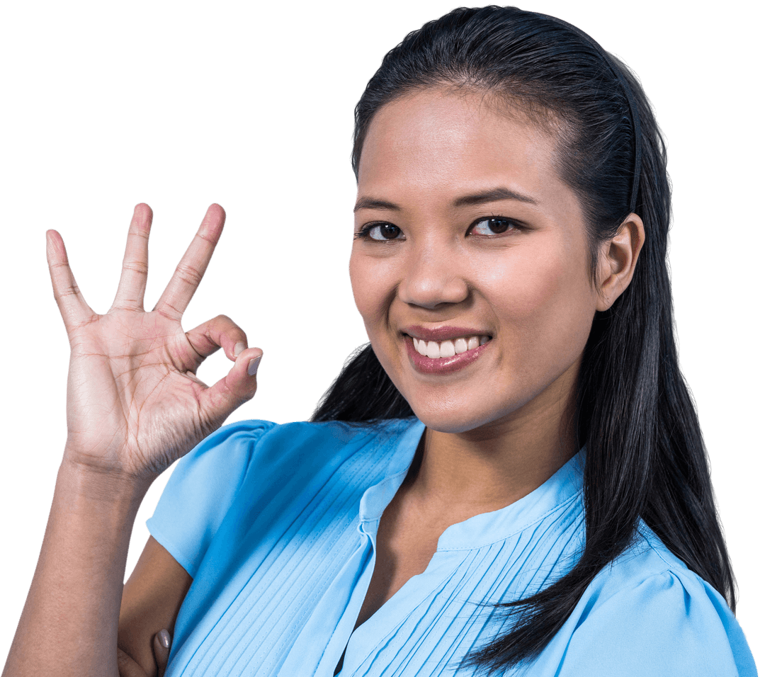 Transparent Smiling Woman Showing Ok Gesture in Business Attire