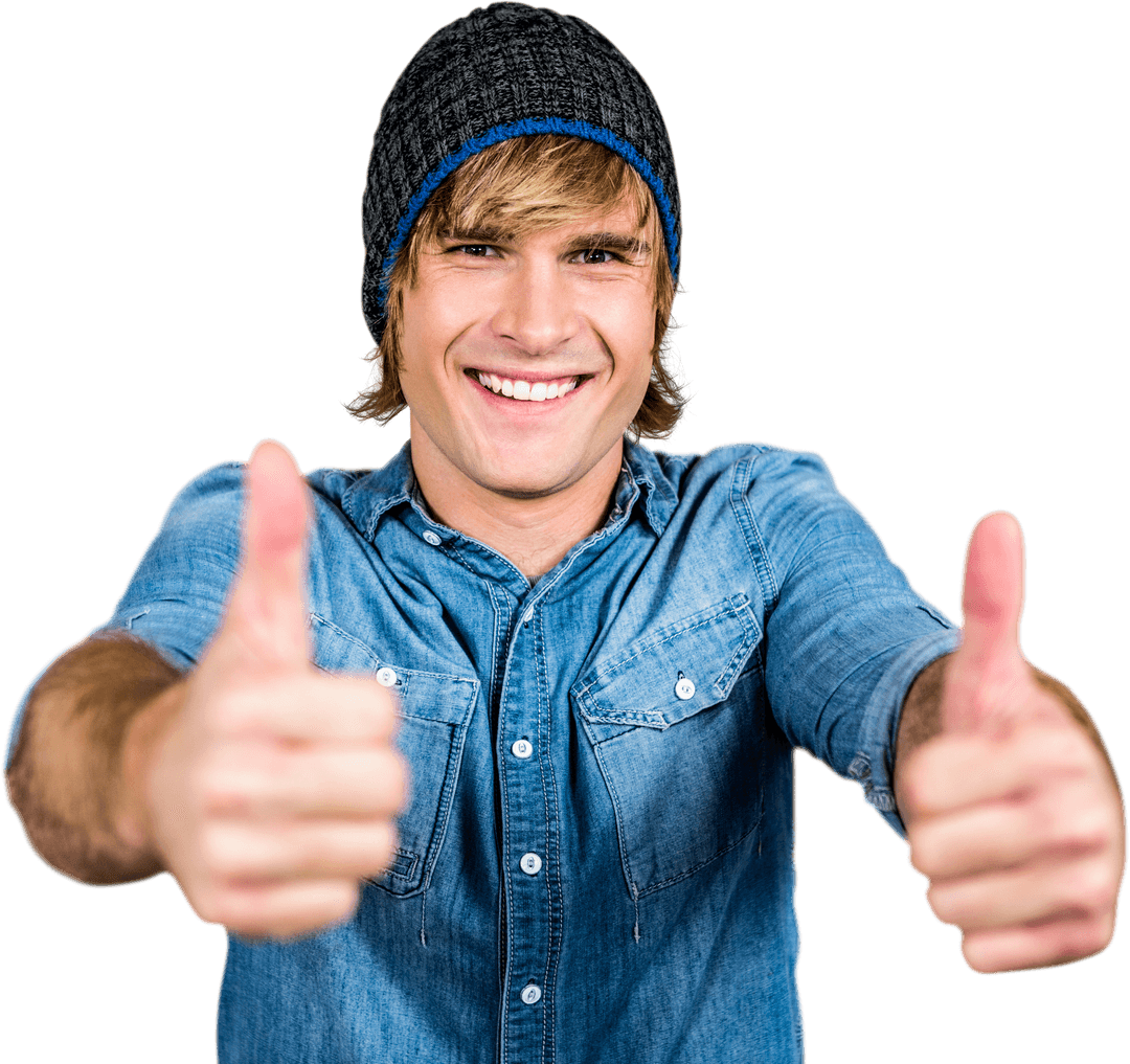Smiling Hipster Wearing Beanie Giving Thumbs Up on Transparent Background