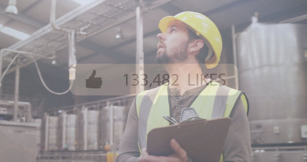Factory Worker with Clipboard and Social Media Engagement Overlay