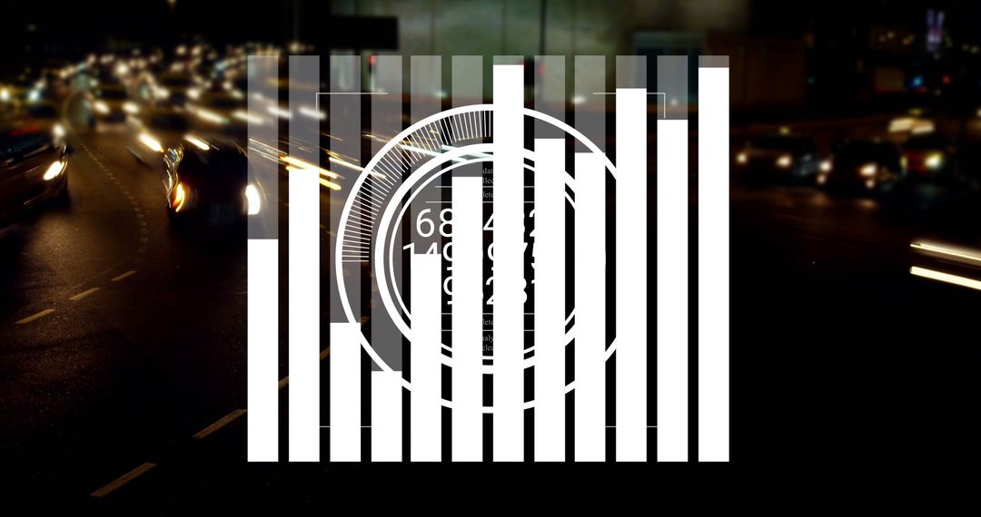 Digital Data Overlay on Night Cityscape with Blurred Lights