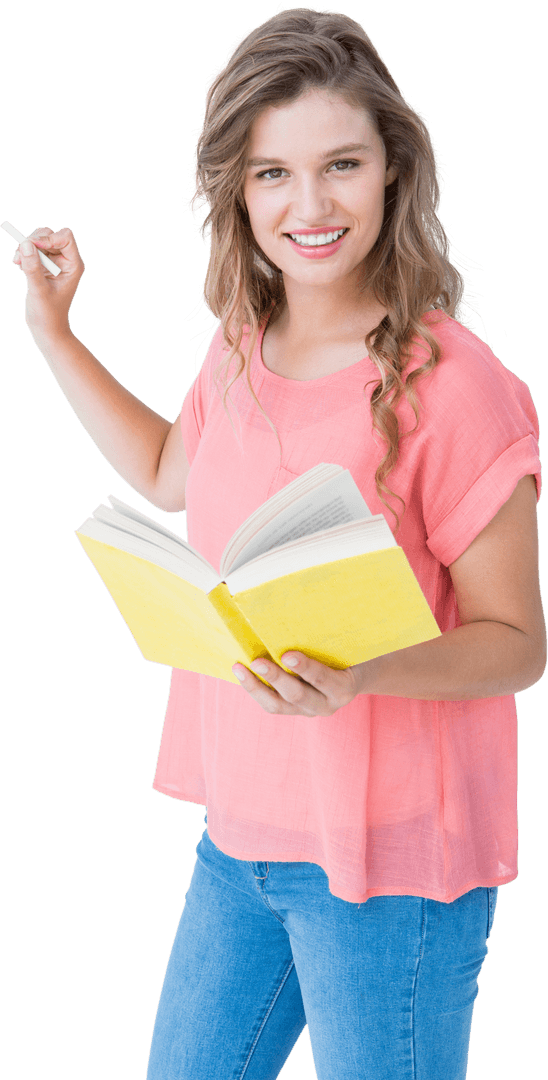 Smiling Woman with Book and Chalk Isolated on Transparent Background