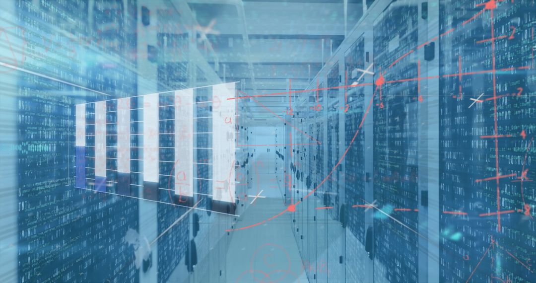 Futuristic Data Center with Holographic Overlays and LED Lights