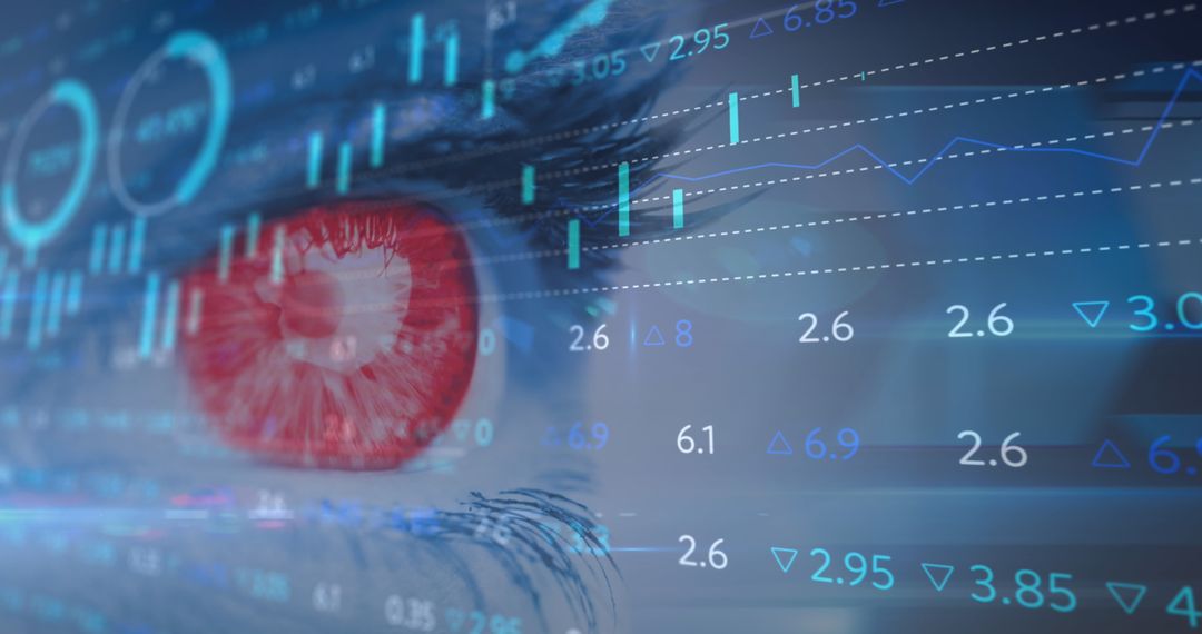 Digitized Finance Data Overlaid on Futuristic Red Eye