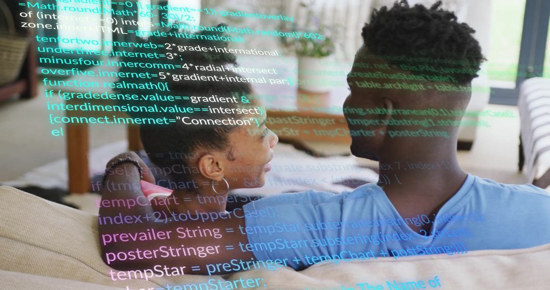 Couple Embracing with Digital Data Overlay Symbolizing Technology Integration