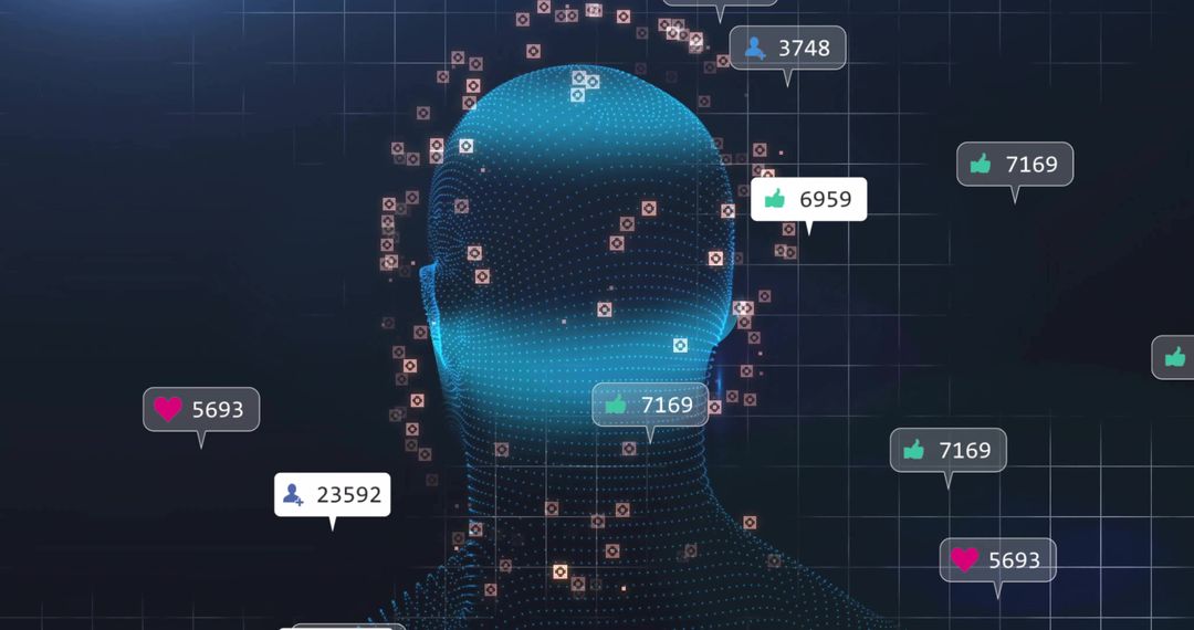 Floating Digital Mesh Head with Social Media Indicators