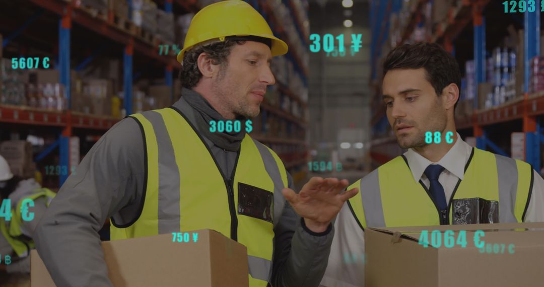 Workers Analyzing Financial Data Overlay in Warehouse Setting