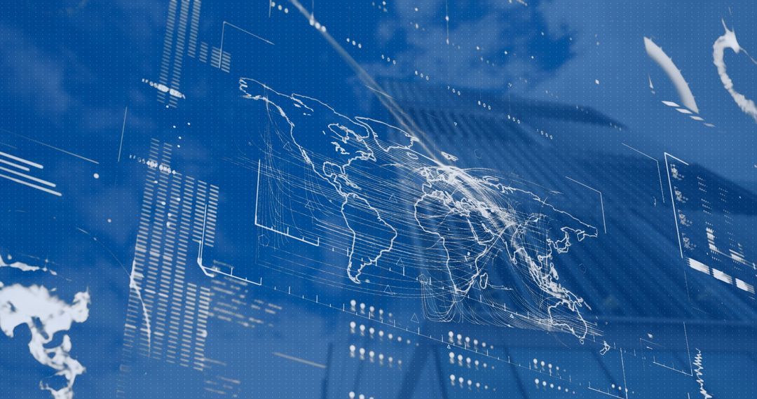 Digital World Map with Financial Data Overlay on Skyscraper