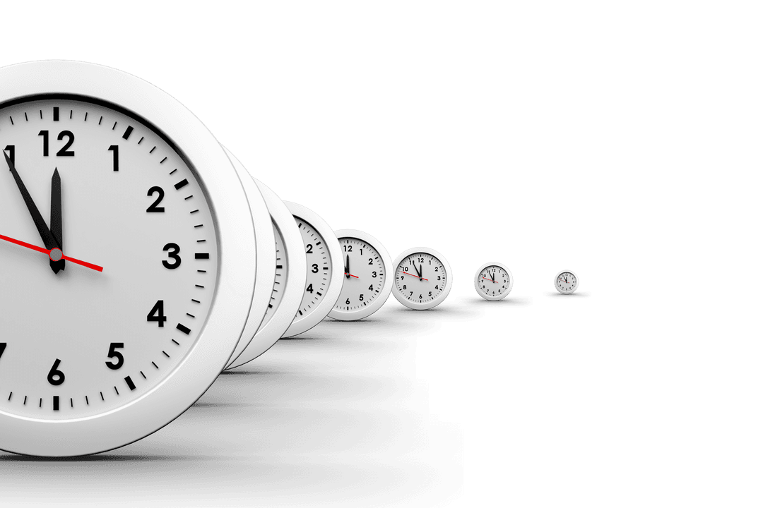 Cascading White Clocks on Transparent Background