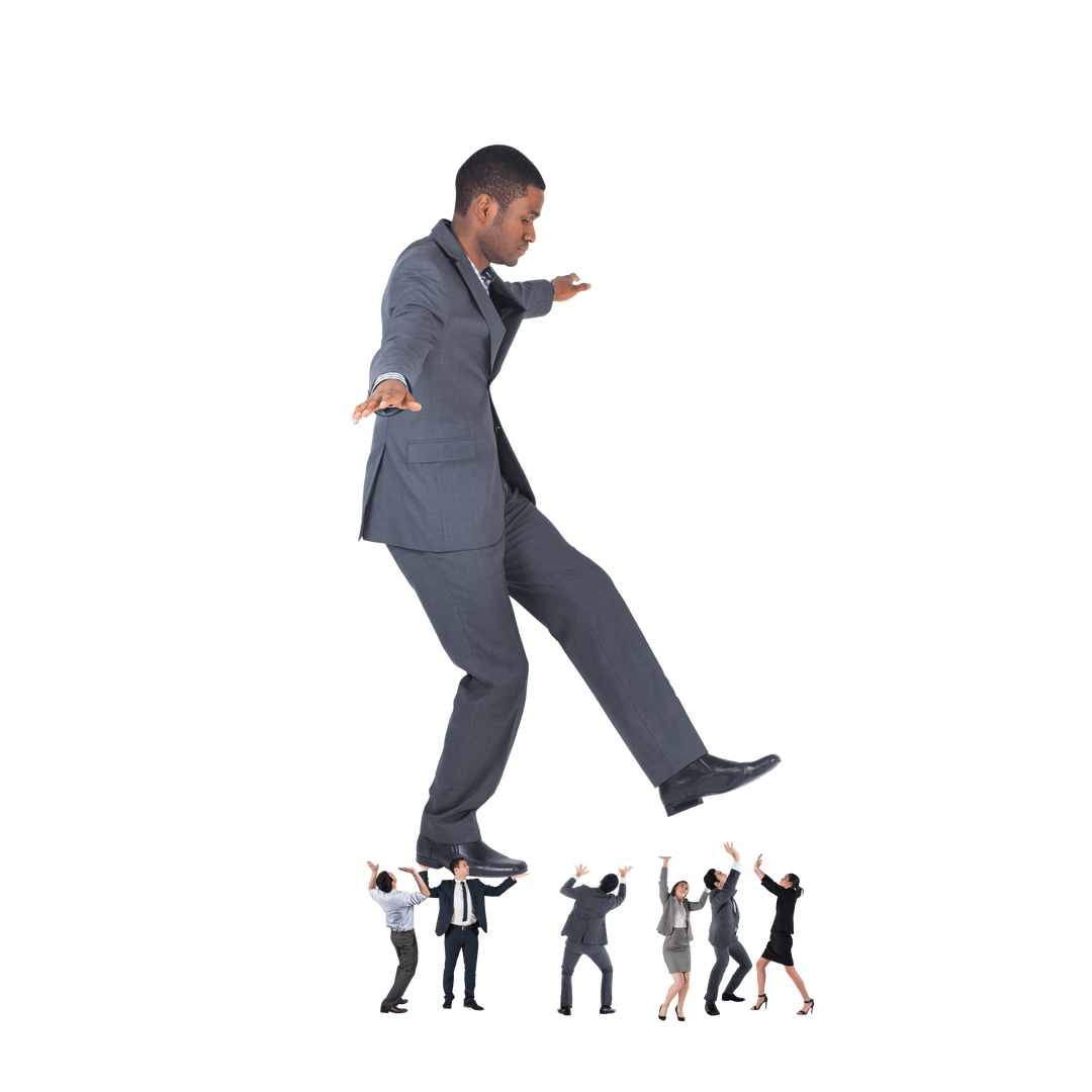 Giant Businessman Stepping Over Colleagues on Transparent Background