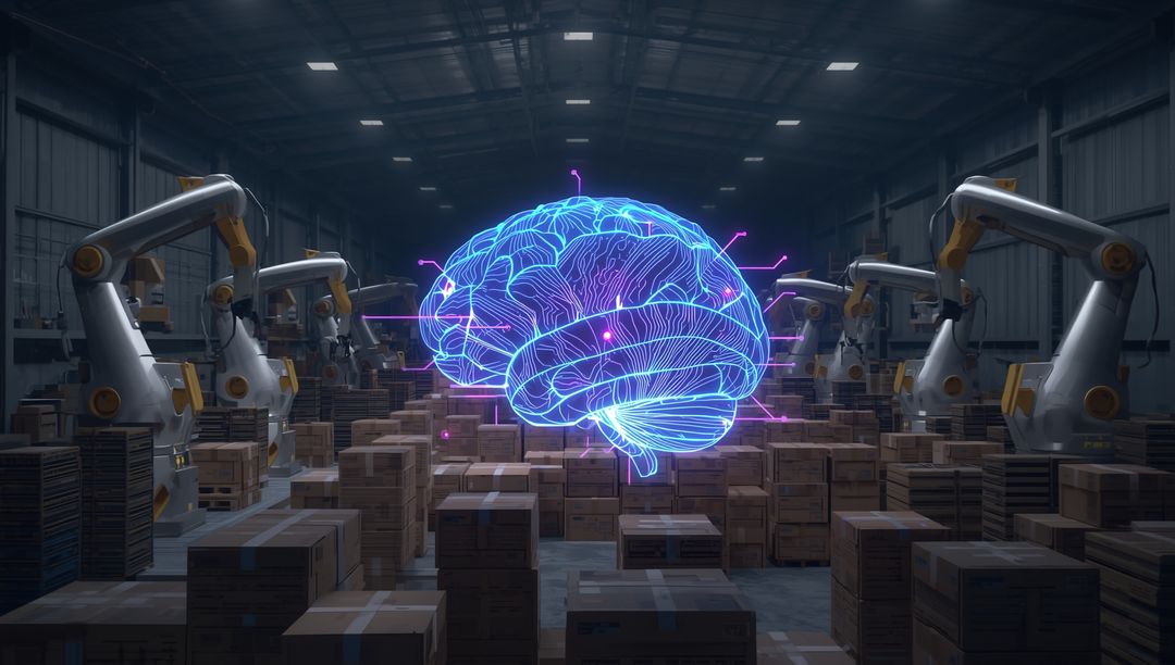 Holographic Brain in Futuristic Warehouse with Robotic Arms