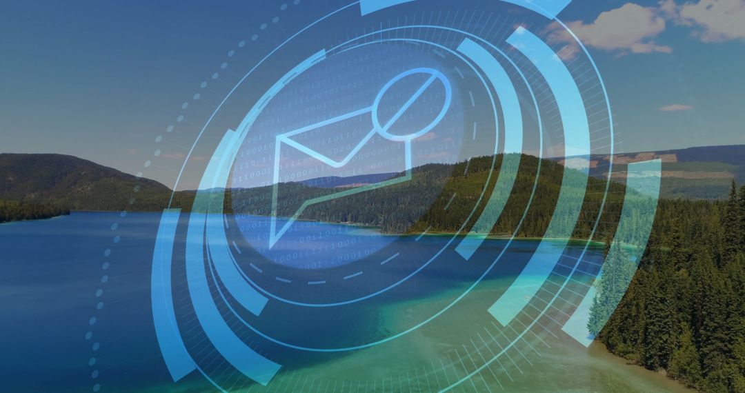 Futuristic Envelope Icon with Binary Code Overlay at Pristine Lake