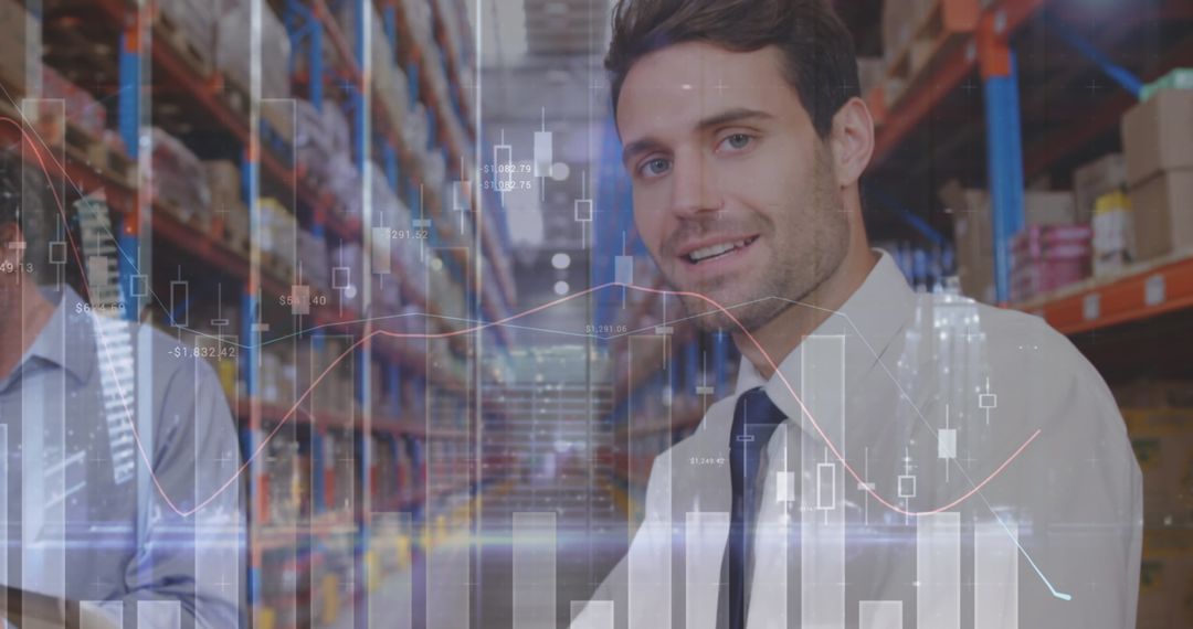 Businessman Analyzing Digital Data in Warehouse Environment