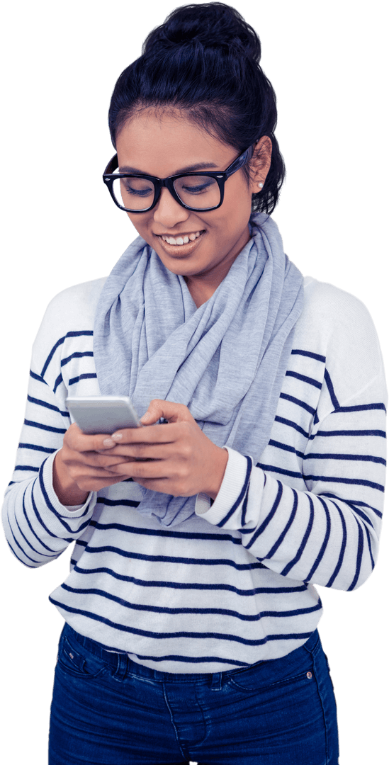 Smiling Asian Woman with Transparent Background Using Smartphone