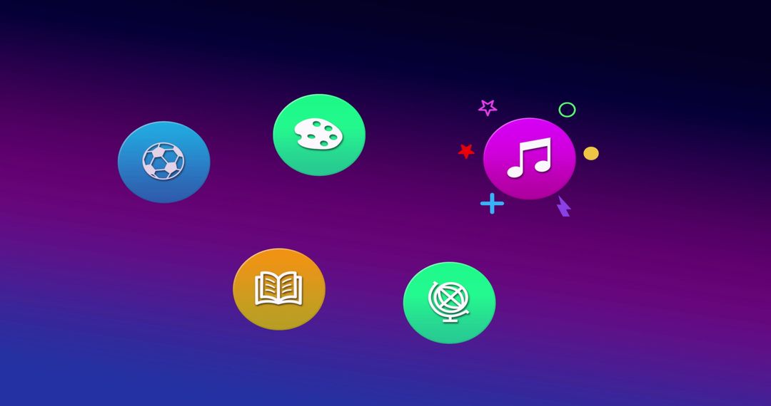 Vibrant Digital Media Icons with Diverse Interests on Purple Gradient