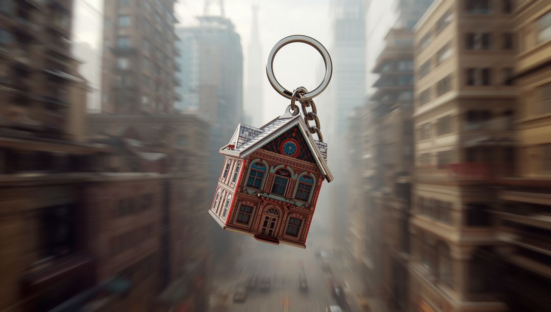 Swinging Miniature House Keychain in Focus Amid Blurred Urban Scene