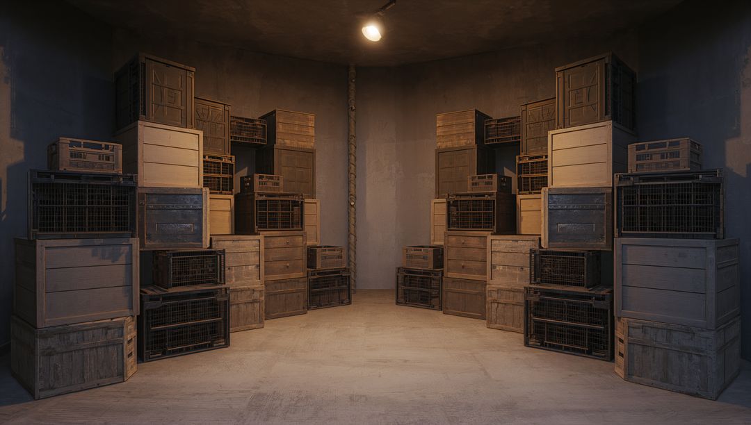 Dim Industrial Cellar Lined with Stacked Wooden Crates and Wire Cages under Exposed Light