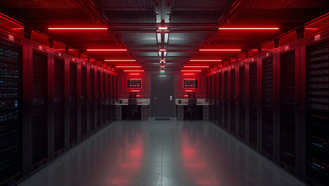Red-lit data center corridor featuring glowing server racks leading toward locked door