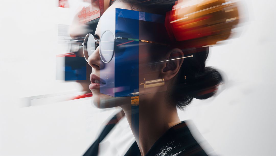 Futuristic Portrait of Woman Interacting with Digital Glitch Cubes