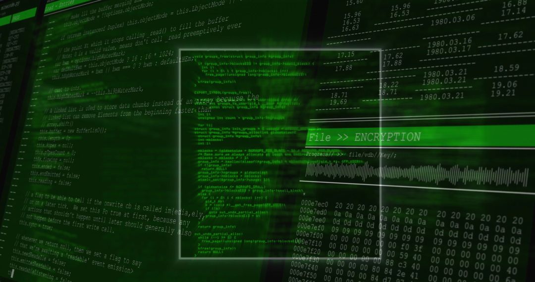 Futuristic Data Encryption Display with Code and Waveforms