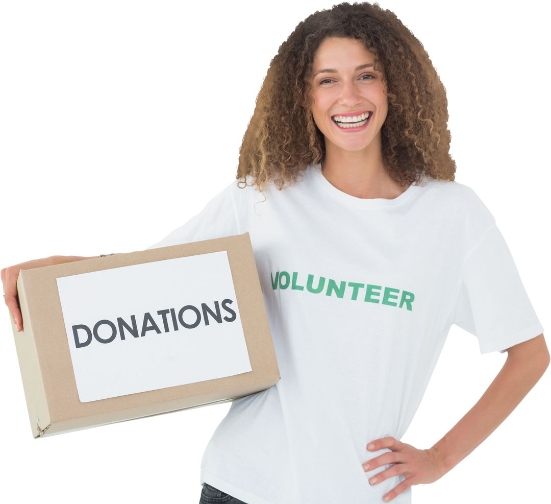 Smiling Volunteer Holding Transparent Donation Box with Hand on Hip - Download Free Stock Images Pikwizard.com