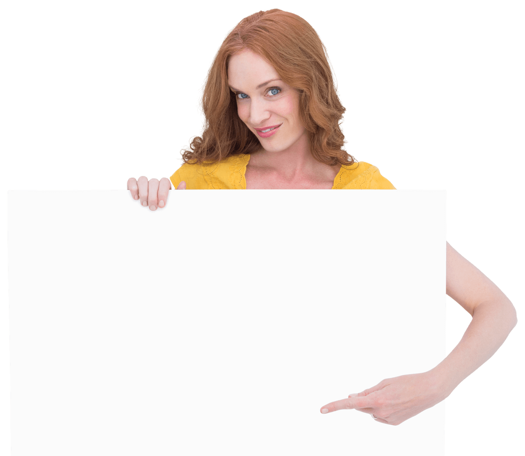 Smiling Woman in Yellow showing Transparent Blank Poster