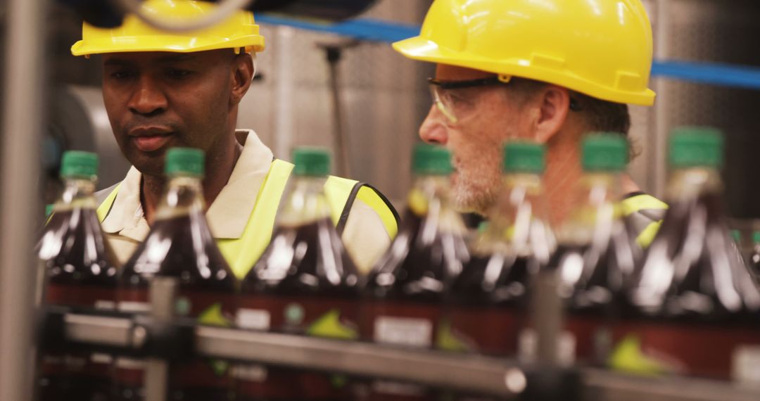 Workers Overseeing Bottling Line in Industrial Factory