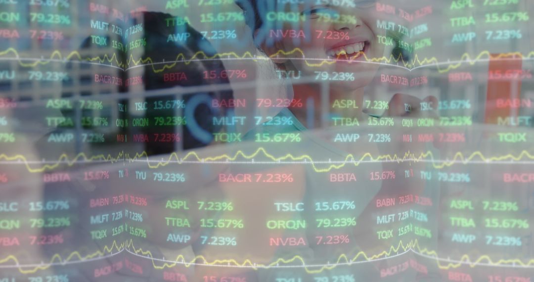 Smiling Analyst Reviewing Stock Market Trends on Digital Interface