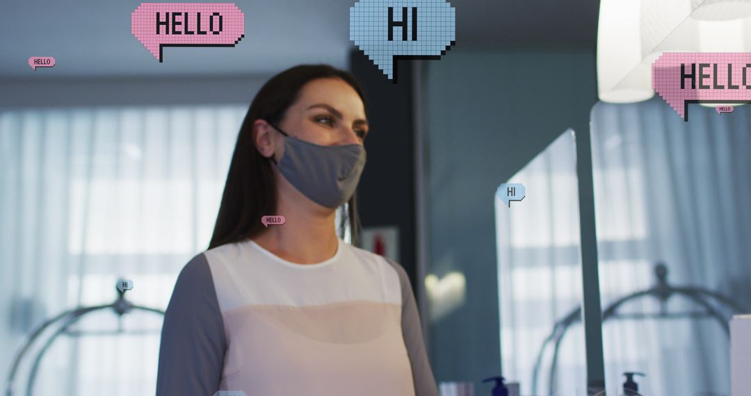 Woman Wearing Face Mask Engaged in Social Media Interaction