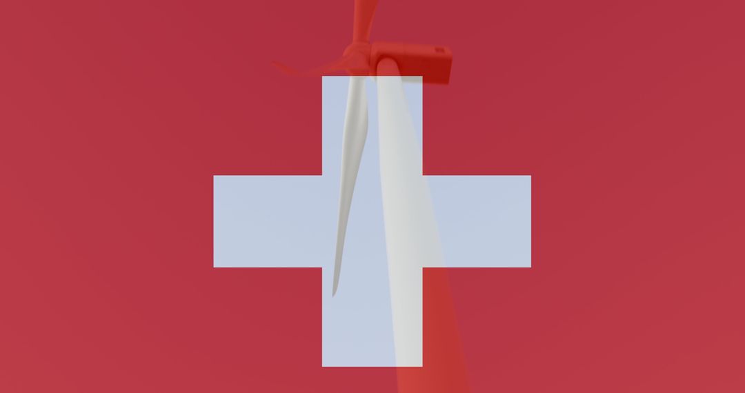 Swiss flag overlapping wind turbine symbolizing clean energy
