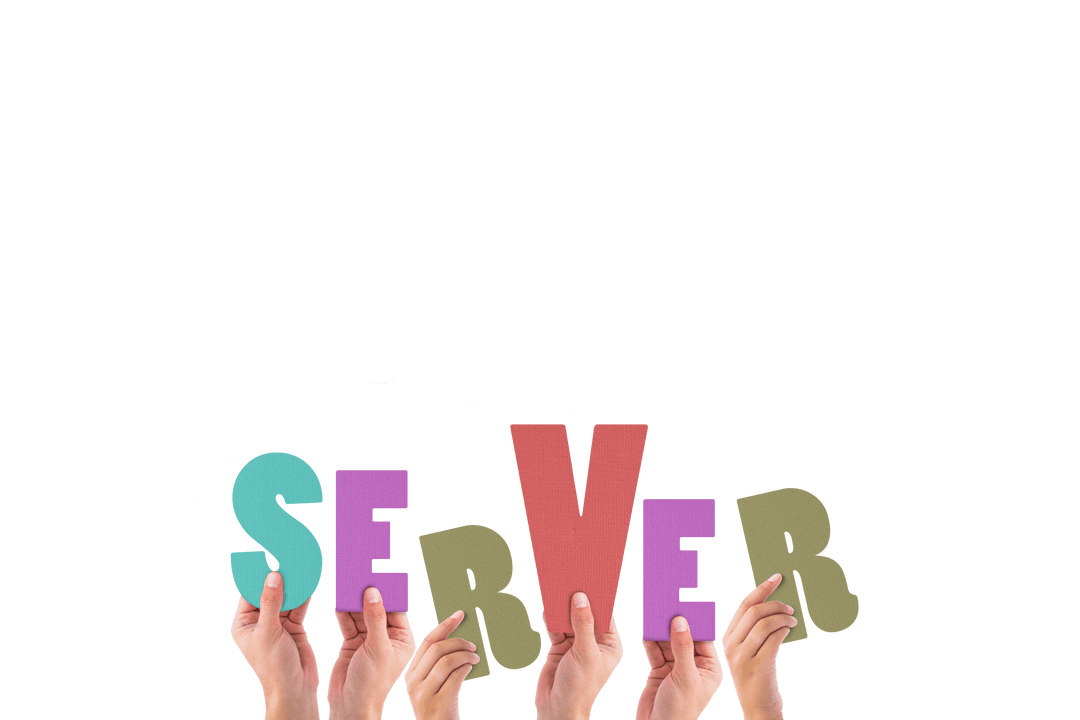Hands Holding Colorful Server Text on Transparent Background