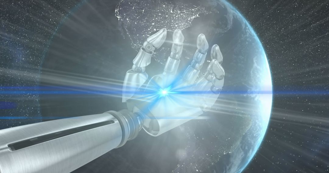 Futuristic Robotic Hand with Globe and Light Beams