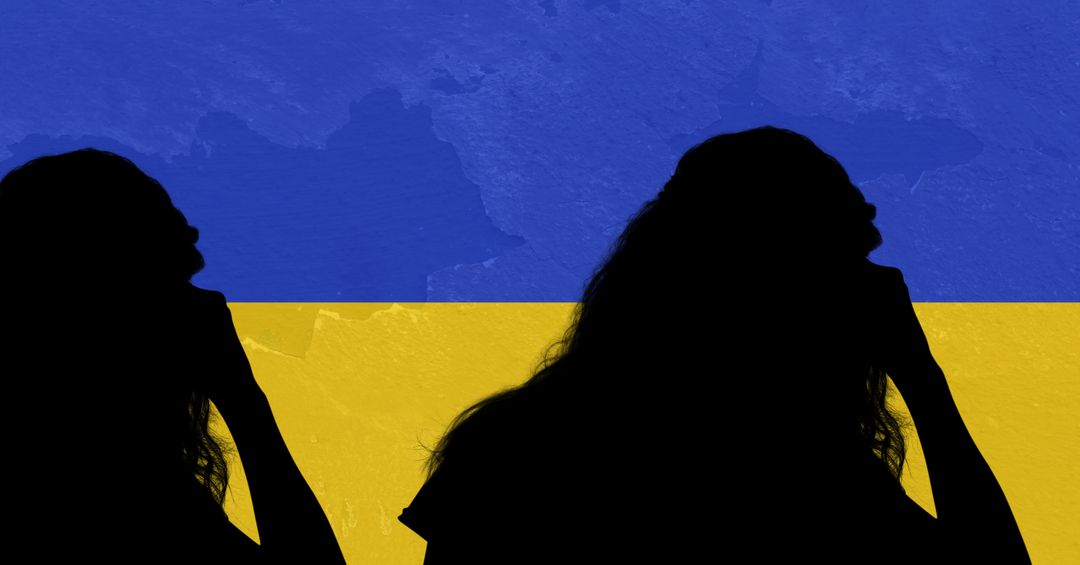 Silhouette of two stressed woman against ukraine flag background - Free Images, Stock Photos and Pictures on Pikwizard.com